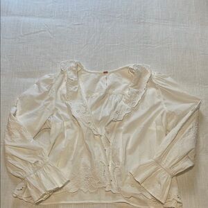 Free People Cream Ruffled Long Sleeve Blouse